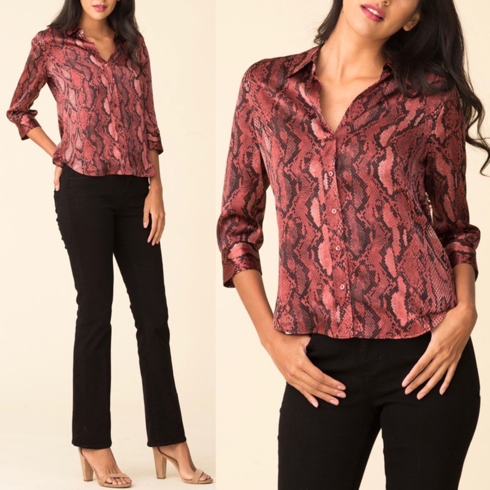 L'AGENCE Red Snake-Print Silk Blouse